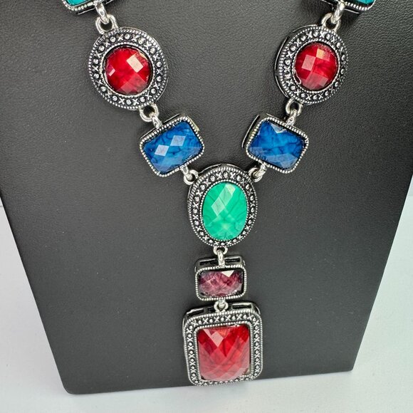 Silver Tone Statement Necklace Faceted Multicoloured Plastic Stones 20 inches - Picture 4 of 9